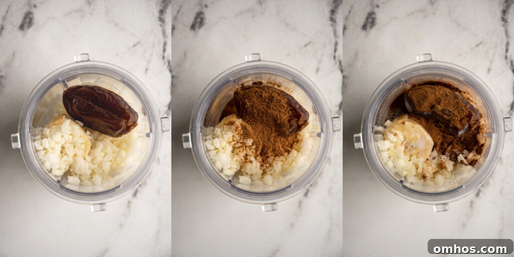 Steps 2 in making a banana chai smoothie, adding the dates, spices, and milk.