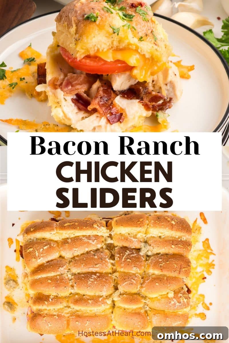 A two photo image for Pinterest. Top photo is a close-up of single chicken bacon ranch slider showing melted cheese, crispy bacon, and juicy chicken filling between golden brown buns. The bottom photo is a top down view of the baked sliders in a baking dish.