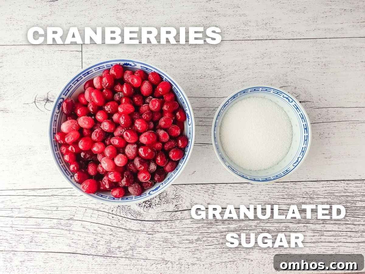 Ingredients for sugared cranberries. Cranberries, granulates sugar, water (not pictured).