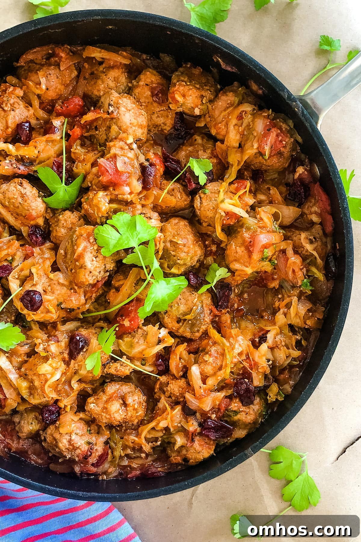 skillet with cabbage roll meatballs