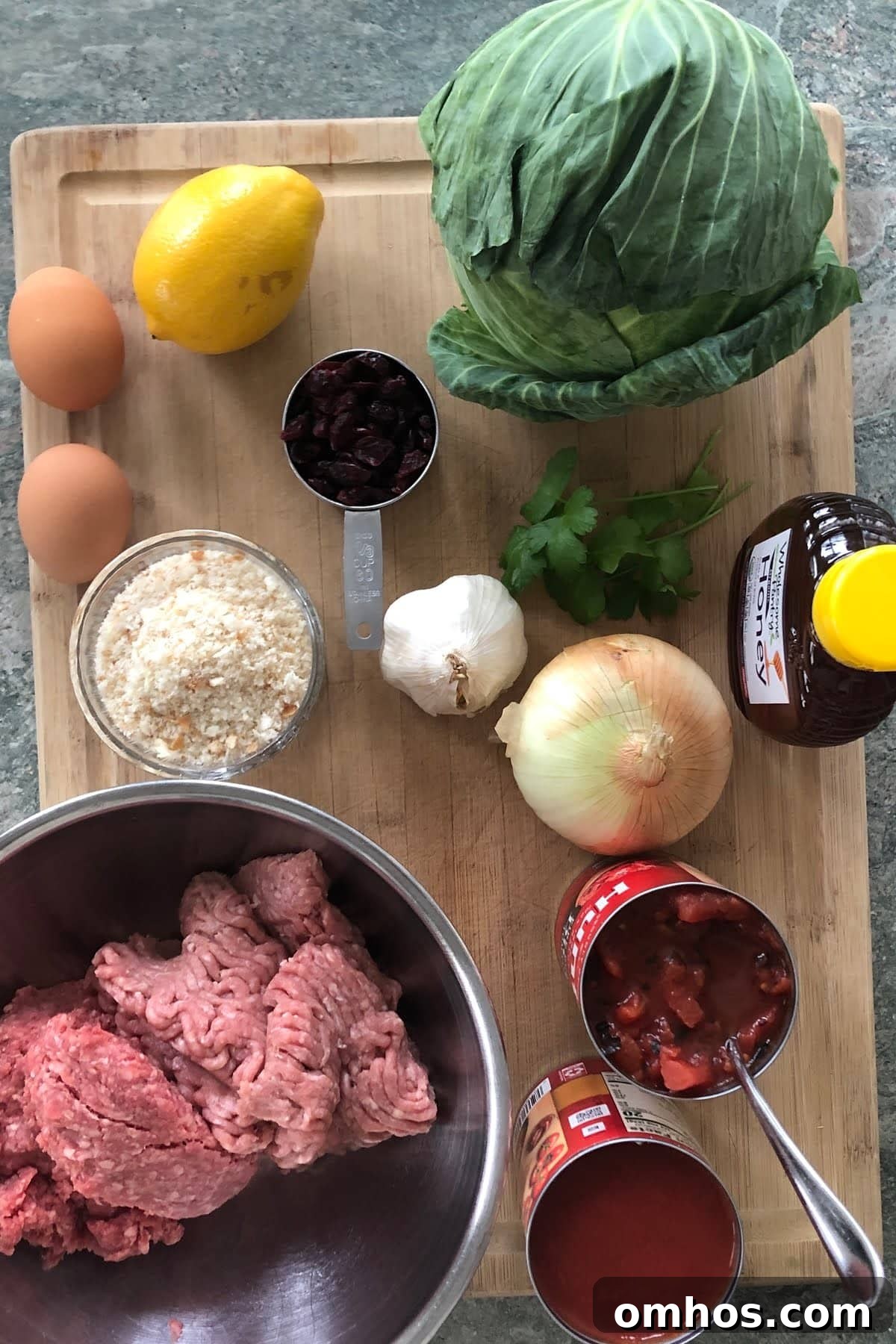 cabbage, eggs, honey, onion, garlic, craisins, ground beef and turkey, tomatoes