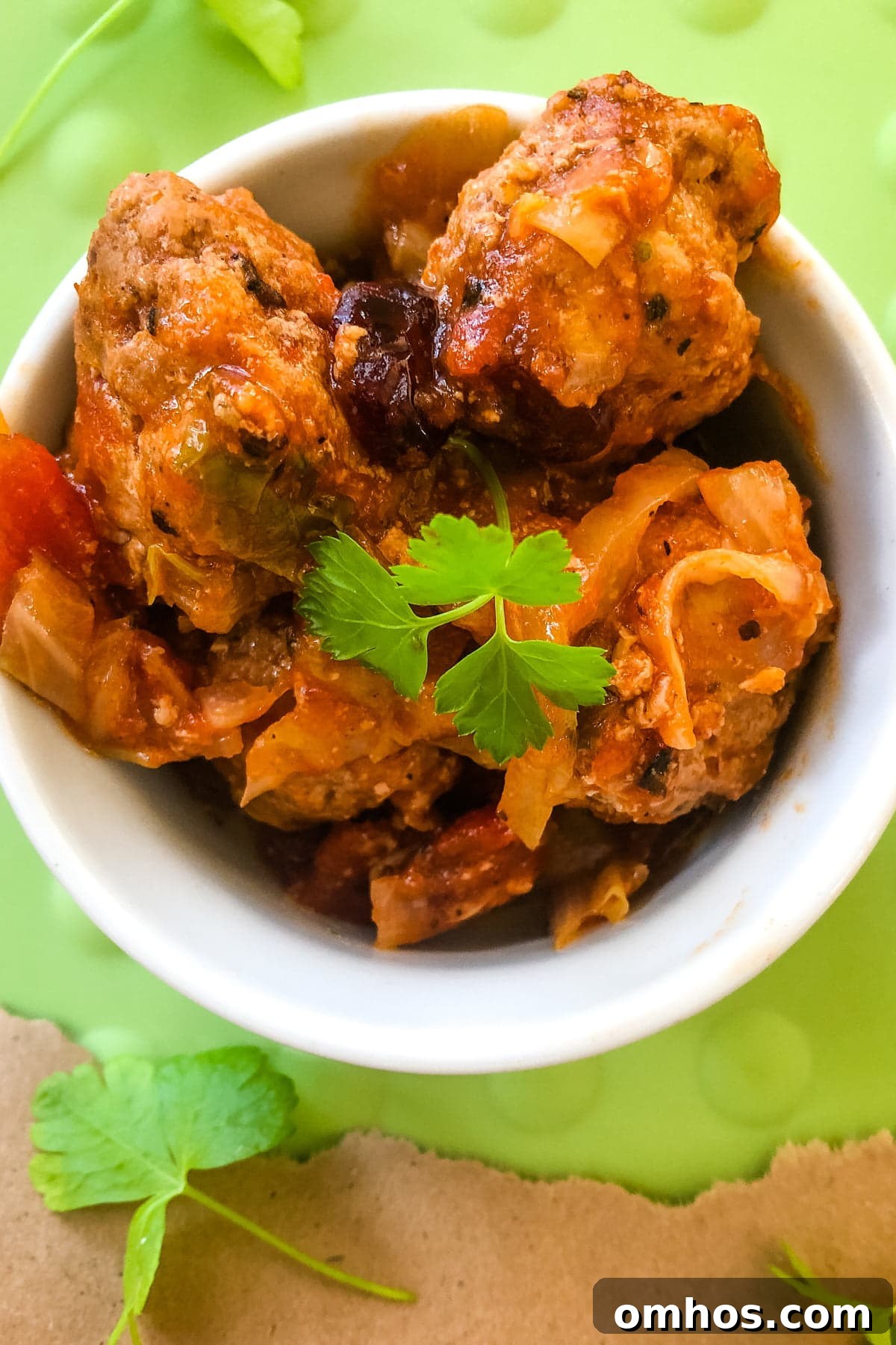 small bowl with cabbage roll meatballs