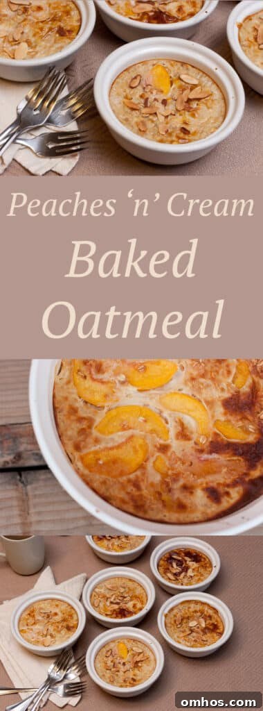 collage of 3 images of baked oatmeal with the title in the middle Peaches and Cream Baked Oatmeal.