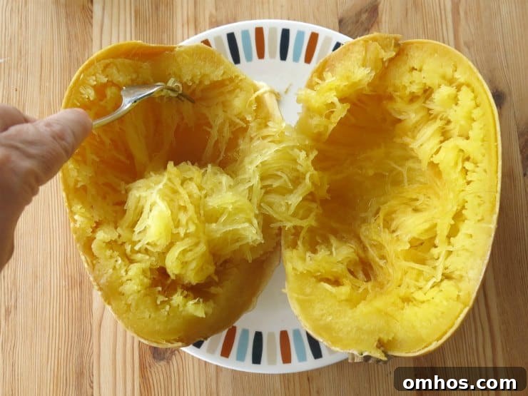 How to Cook Whole Spaghetti Squash in Slow Cooker or Oven 5 Fork removing spaghetti squash strands from gourd.