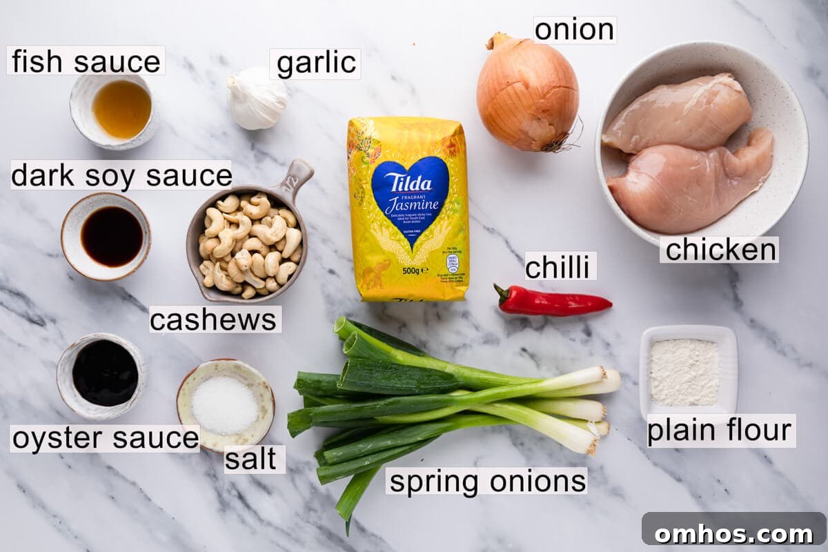 top view of the ingredients for Thai cashew chicken with text labels