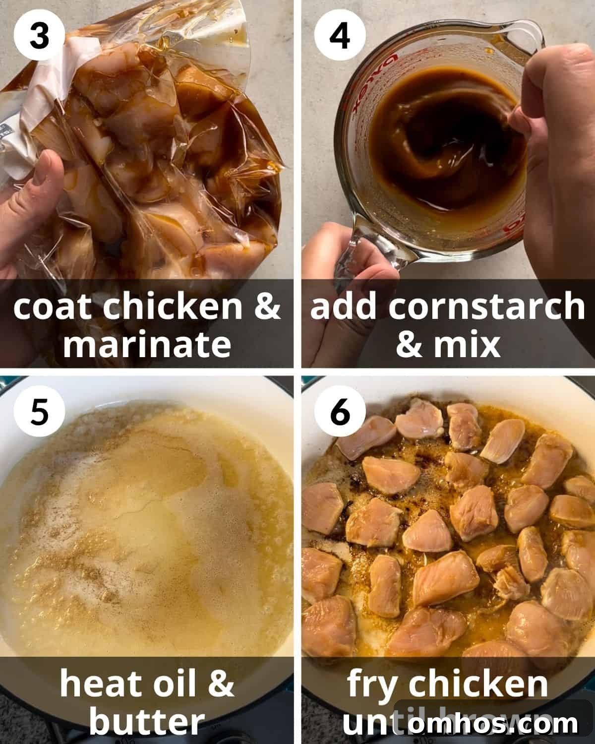 Adding the cornstarch and frying the diced chicken.