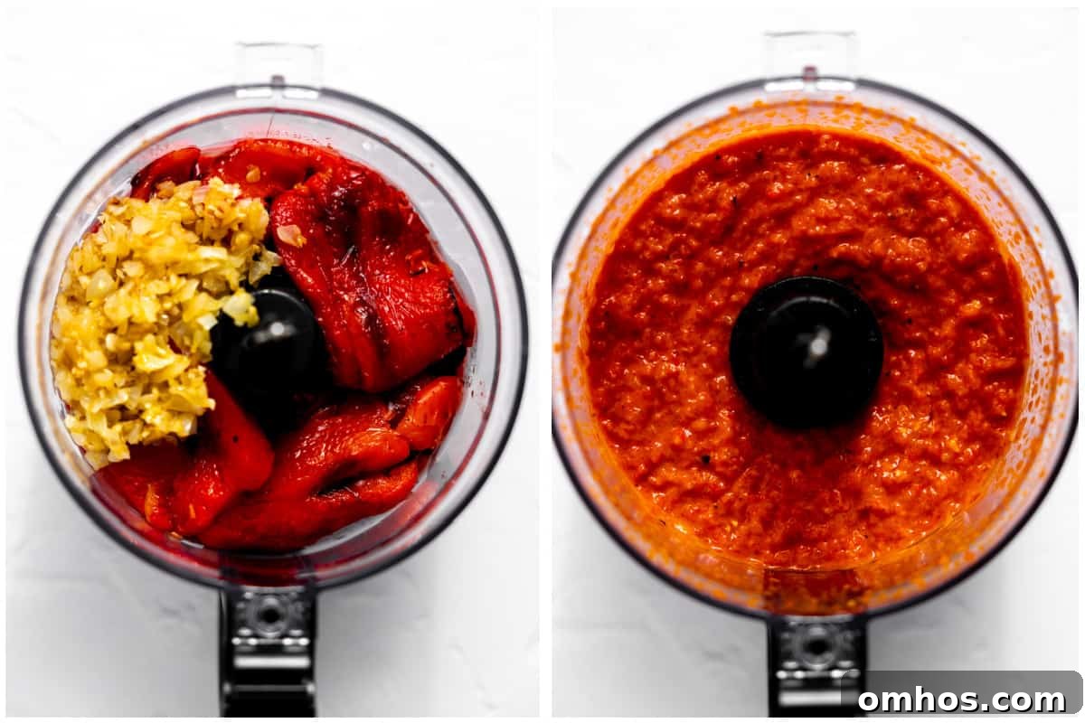 Food processor with roasted peppers, garlic and onion before and after blending.