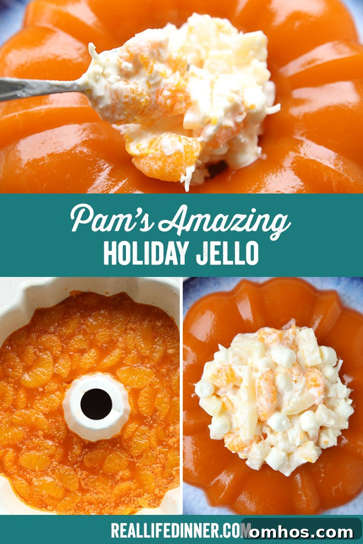 Three-photo Pinterest picture of Pam's Amazing Holiday Jello with the text of the title in the middle separating one photo on top and two photos on the bottom.
