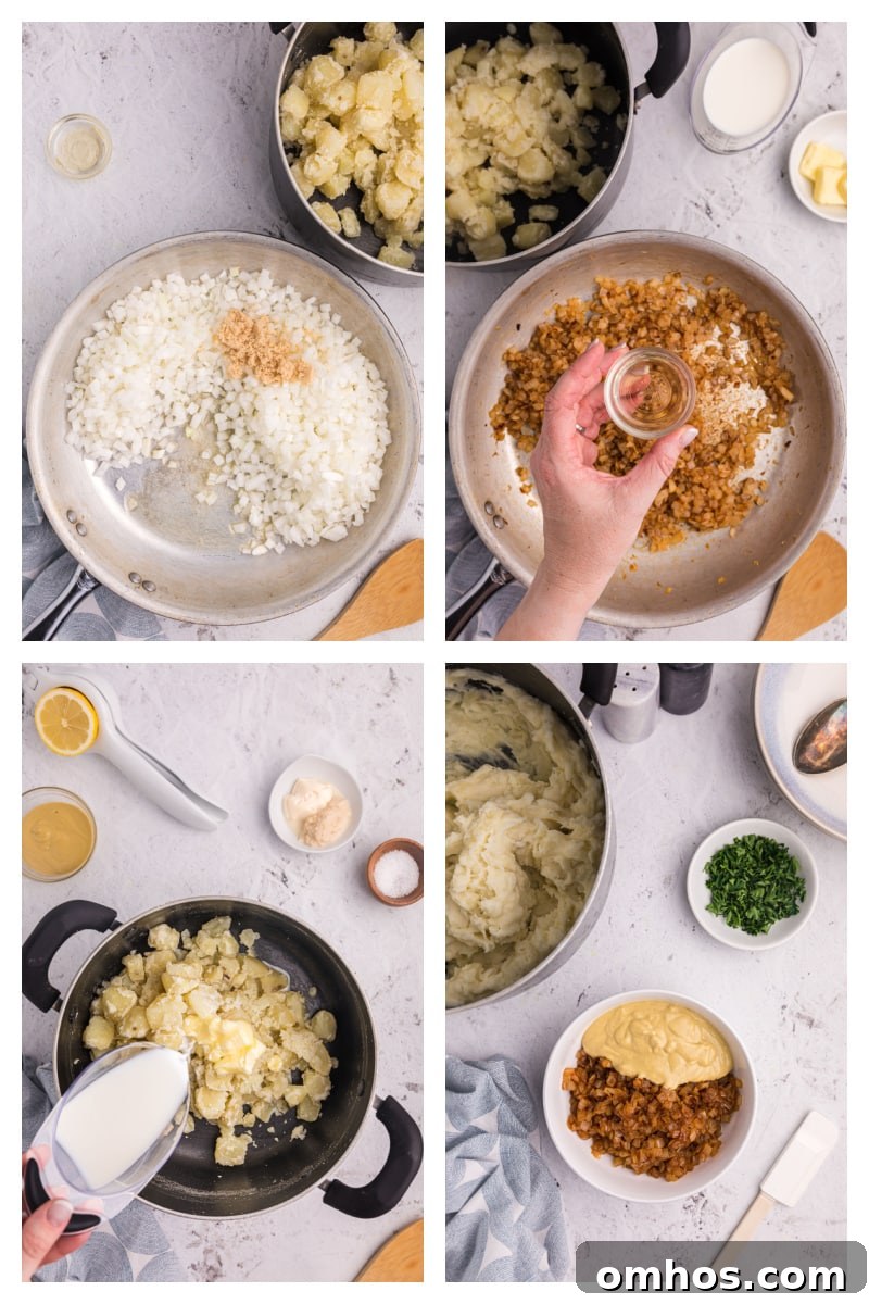 four photos showing how to make caramelized onion mashed potatoes