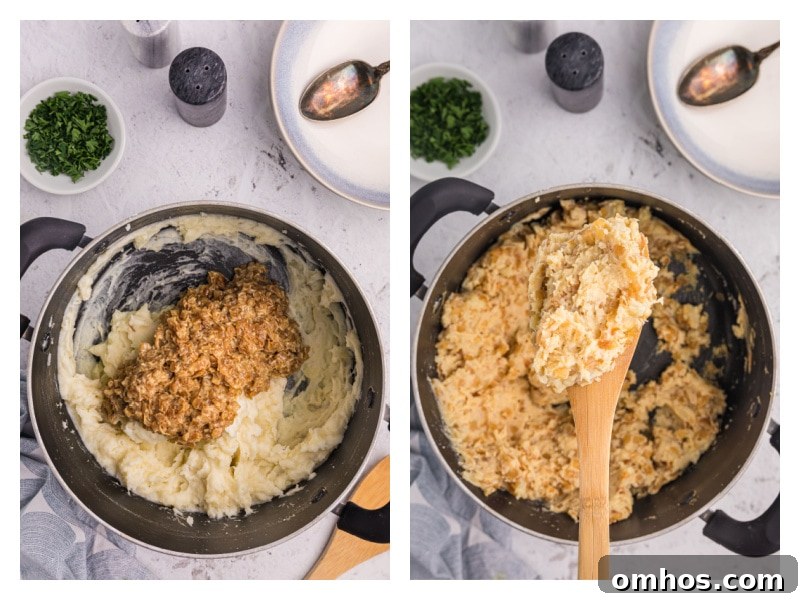 two photos showing mixing of caramelized onion mashed potatoes