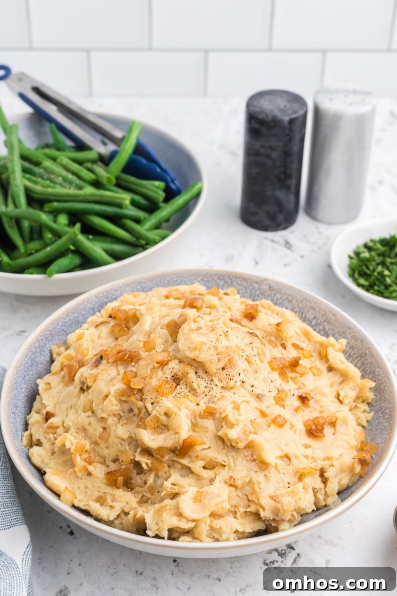caramelized onion and horseradish mashed potatoes in a bowl