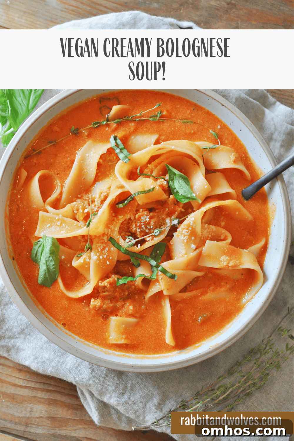 Creamy Vegan Bolognese Soup Recipe 5 Serving of vegan creamy Bolognese soup with garnish