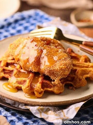 Sweet potato waffles, with fried catfish and spicy honey butter on a gray plate on a table top.