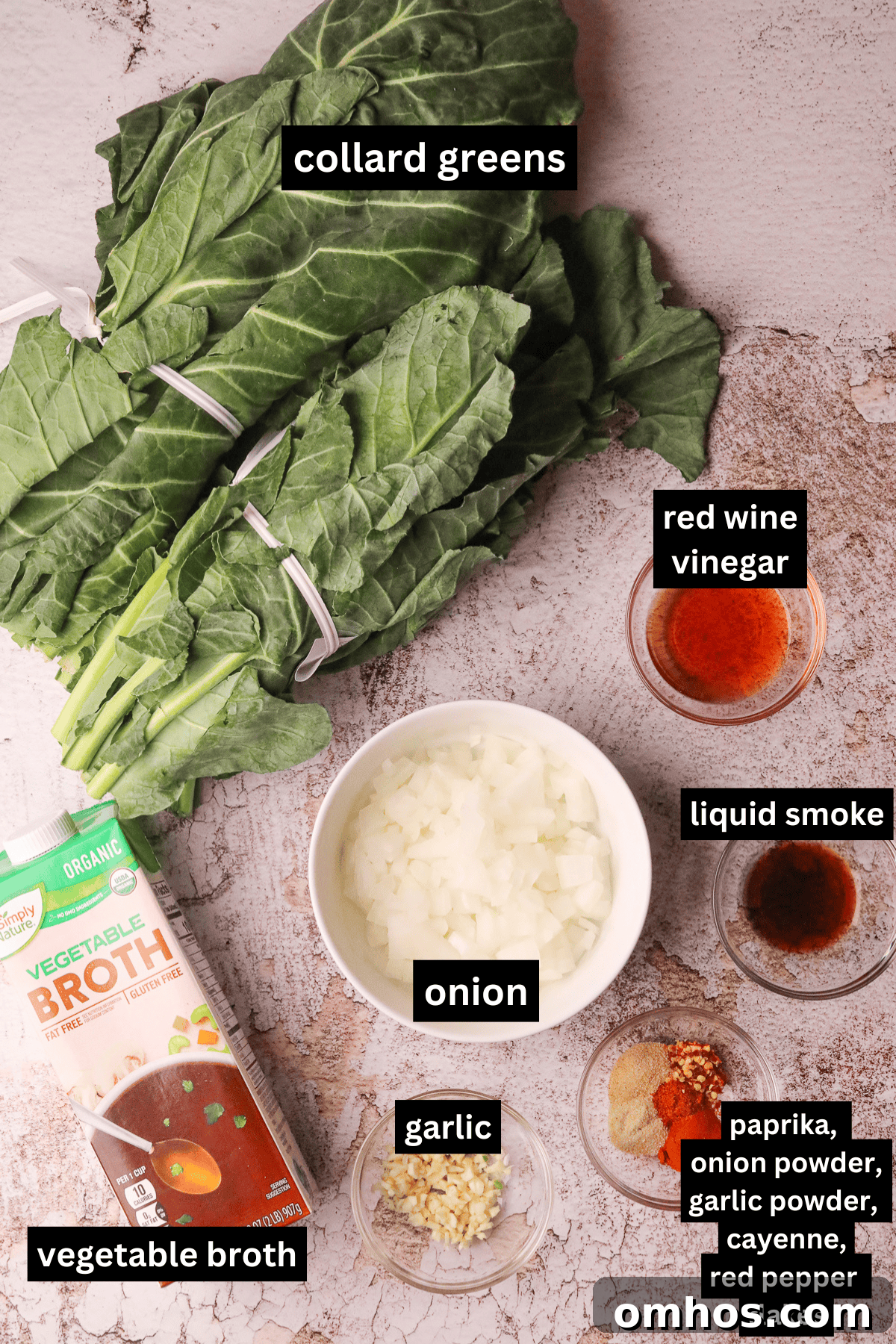 Vegan Southern Collard Greens Recipe 3 Vegan southern collard green ingredients arranged on a table top.