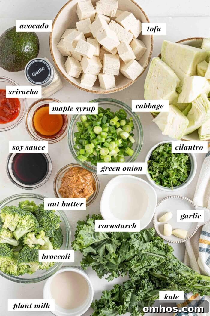Labelled ingredients for a low-carb dinner bowl.