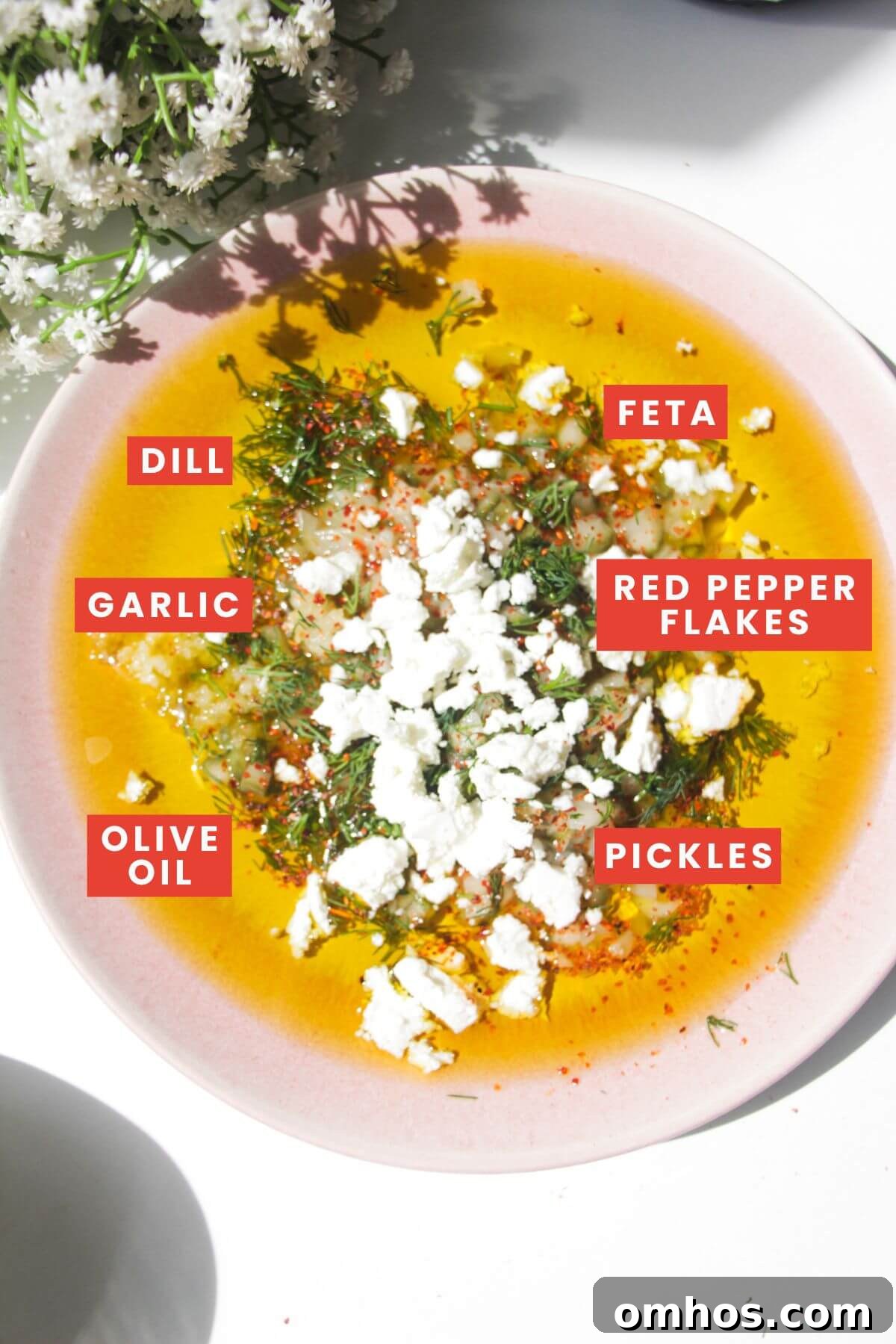 Dill pickle ingredients laid out and labelled.