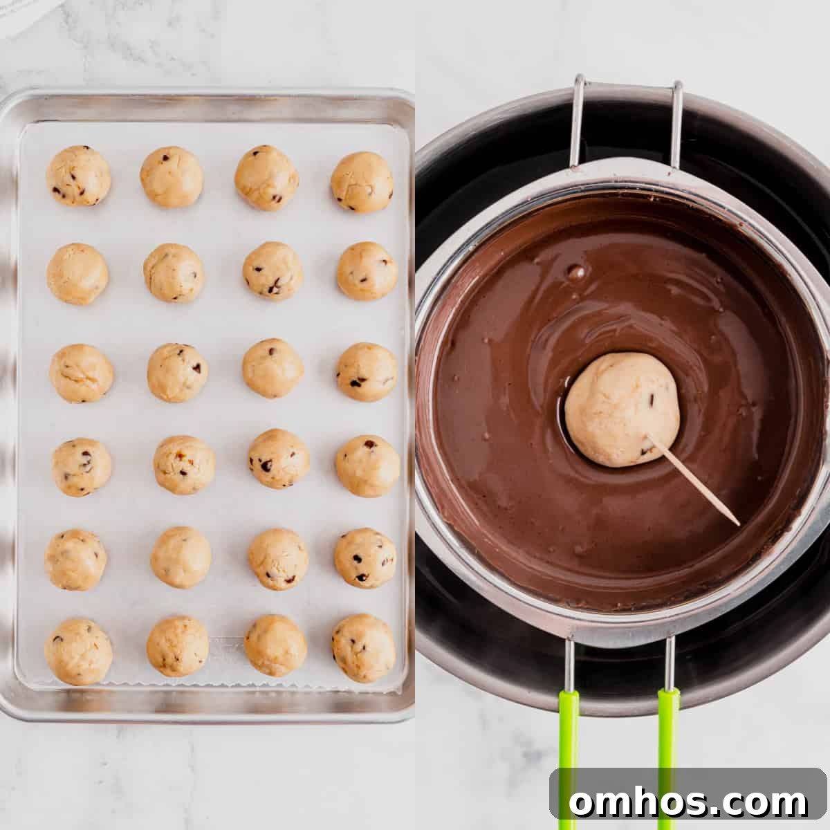 No-Bake Chocolate Chip Cookie Dough Truffles 4 truffles rolled into balls on a baking sheet and then dipped into chocolate