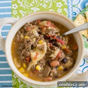 A soup bowl filled with southwestern hamburger soup.