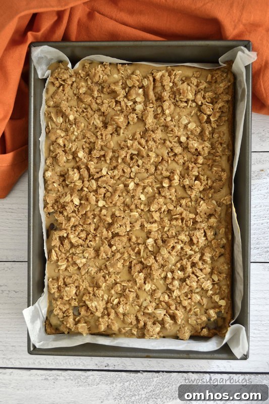 Unbaked pumpkin caramel spice bars in parchment lined pan.