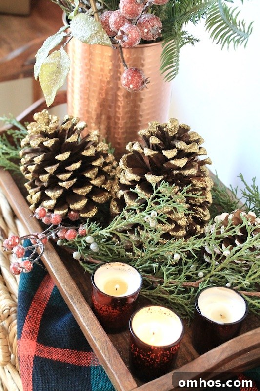 DIY Rustic Winter Woods Christmas Coffee Table Decor 6 easy christmas floral arrangement with fresh pine and artificial frosty branches.