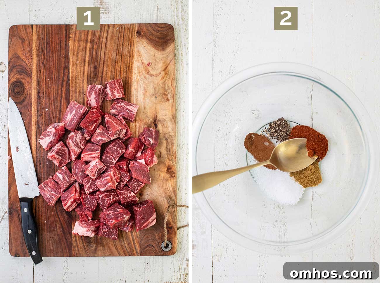 Moroccan Beef Tagine Recipe: Spiced Slow-Cooked Stew 6 Step 1 shows chopping the beef roast into chunks, and step 2 shows creating a spice rub.