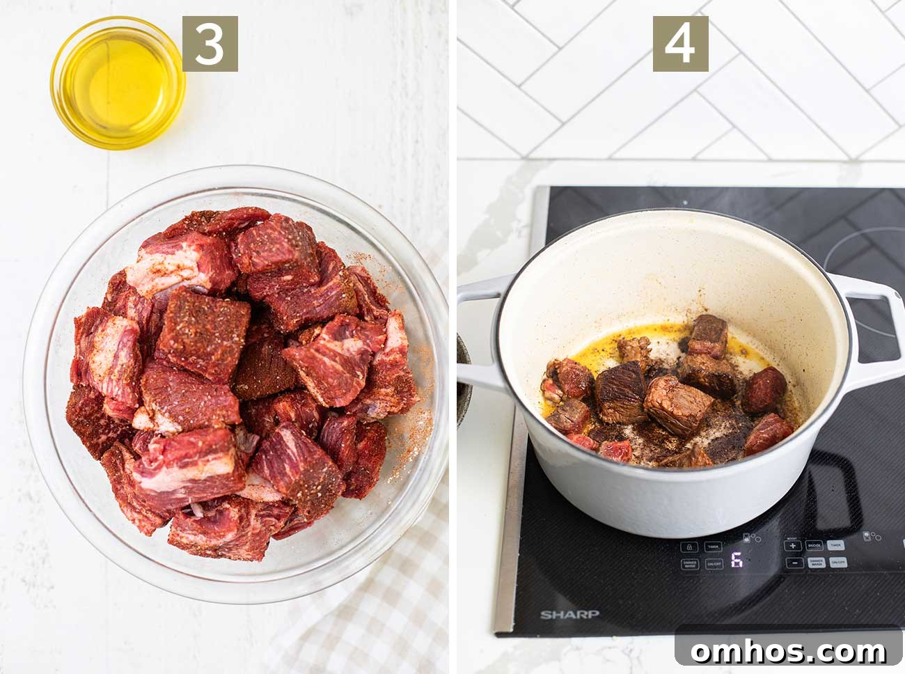 Moroccan Beef Tagine Recipe: Spiced Slow-Cooked Stew 7 Step 3 shows coating the beef in the spices to marinate, and step 4 shows browning the beef in a dutch oven.
