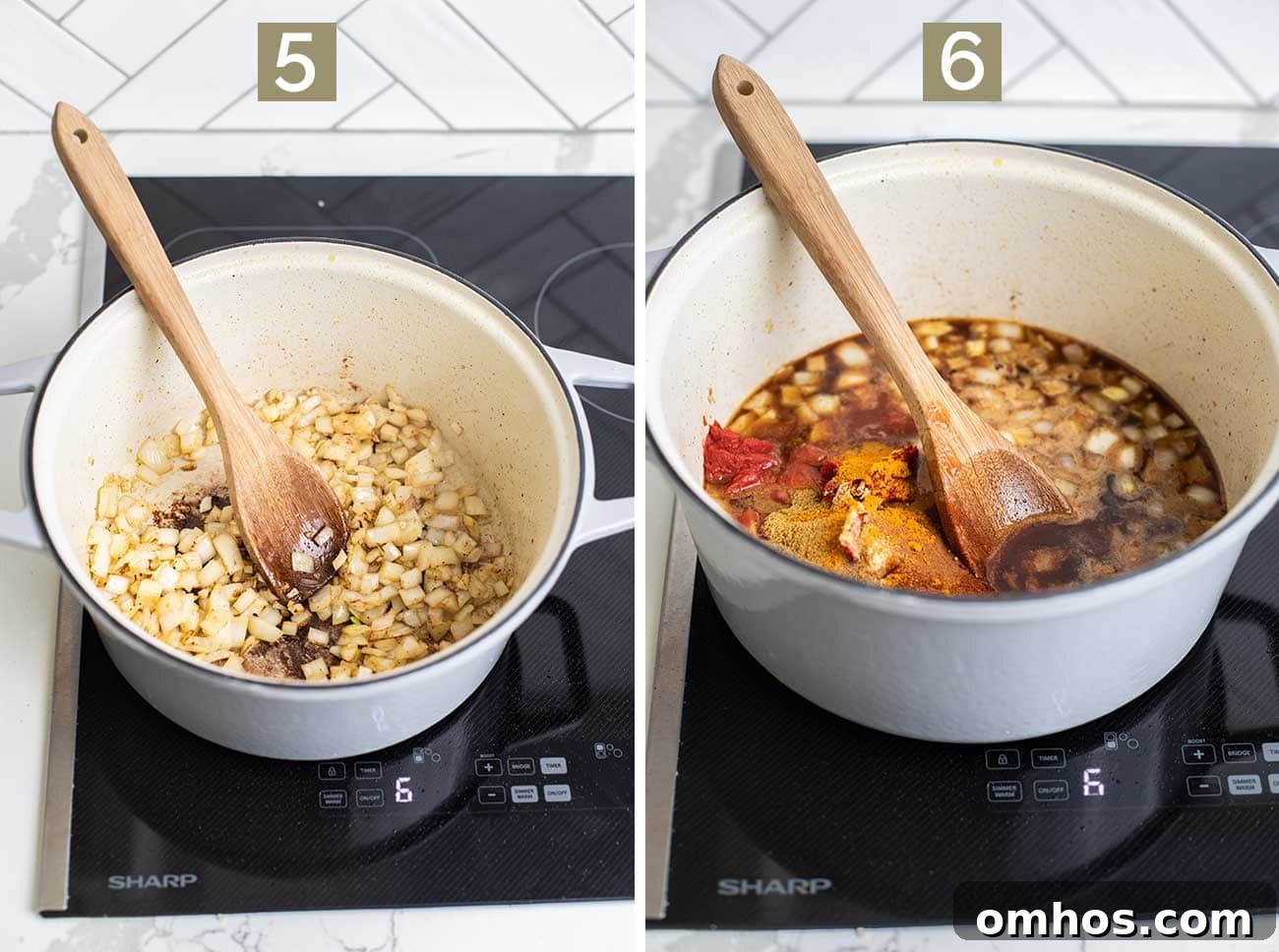 Moroccan Beef Tagine Recipe: Spiced Slow-Cooked Stew 8 Step 5 shows browning the onions and the garlic, and step 6 shows adding the spices, tomatoes, and broth to the pan.