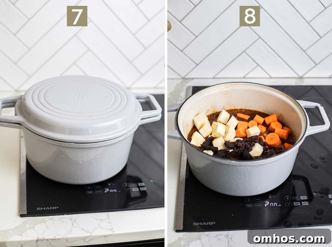 Moroccan Beef Tagine Recipe: Spiced Slow-Cooked Stew 9 Step 7 shows covering the dish to stew, and step 8 shows adding the vegetables and dried fruit.