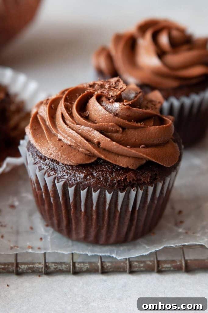 dairy-free chocolate frosting on top of a cupcake