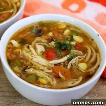 One-pot chicken noodle soup in a white colored bowl placed on a brown counter top.