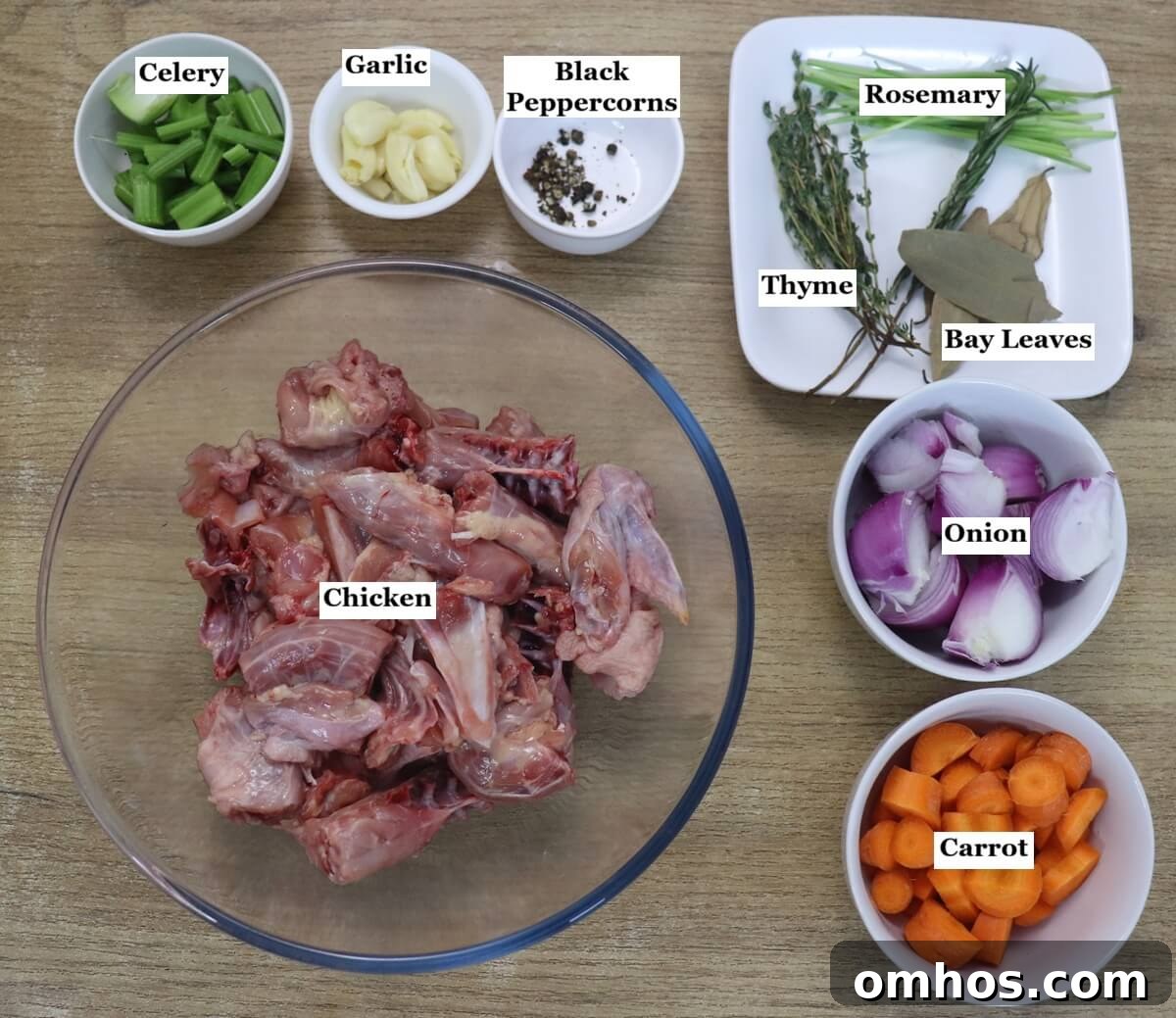 individually labelled ingredients to make homemade chicken stock.