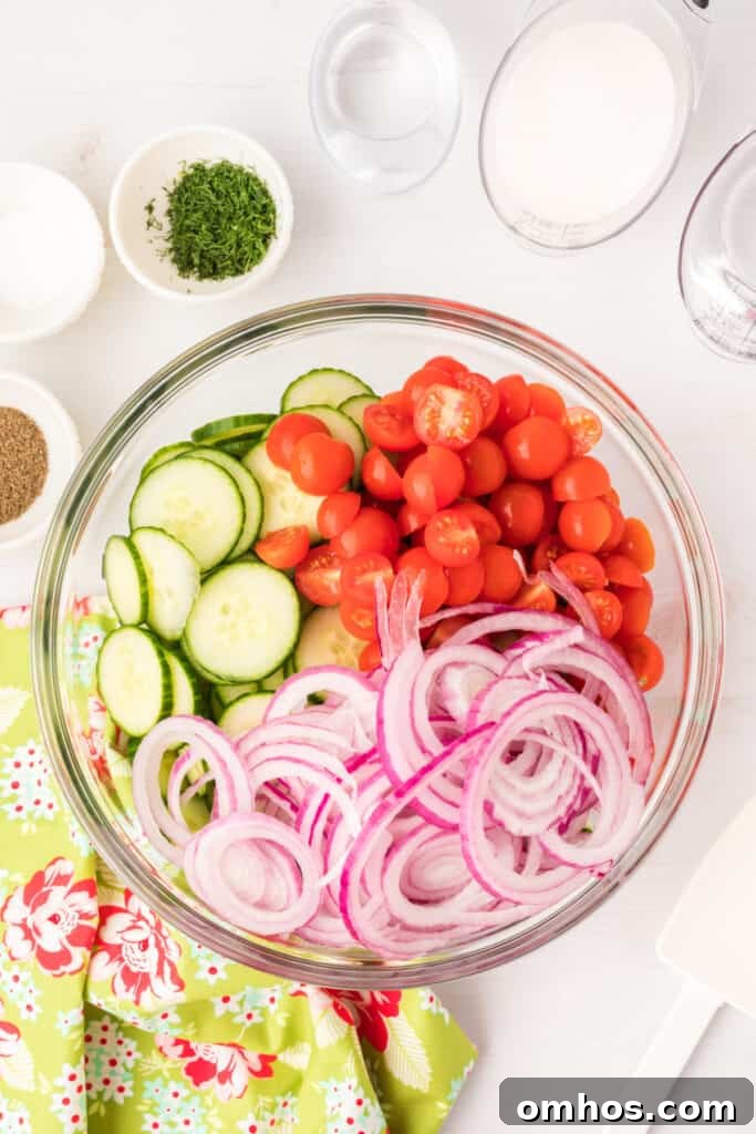 Sliced cucumbers, cherry tomatoes, and red onions in a glass bowl with herbs and seasonings nearby