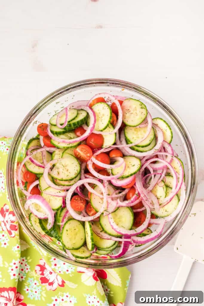 Tossed cucumber tomato salad with red onions and herbs in a large glass bowl