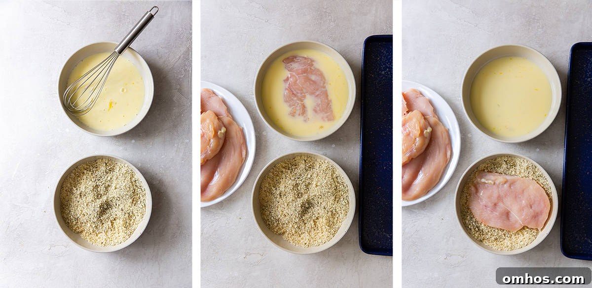 Chicken being coated in egg and a bread crumb mixture.