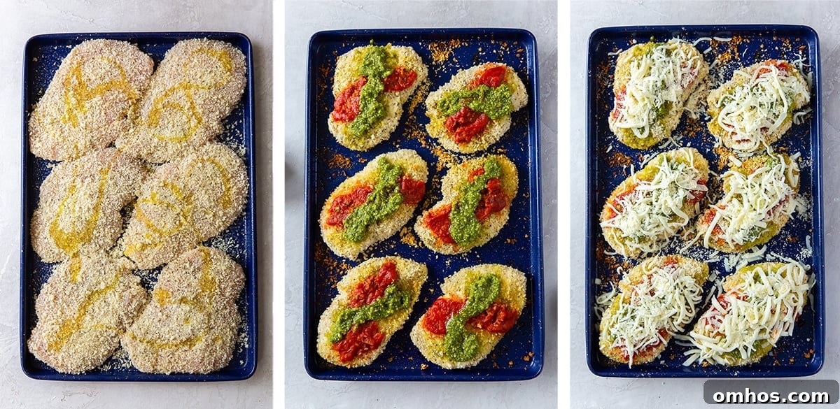 Breaded chicken topped with pesto, marinara and cheese.