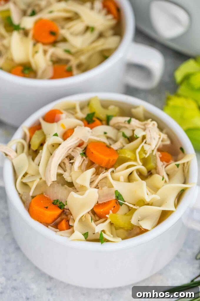 Homemade chicken noodle soup made with chicken breasts and veggies in a white bowl.