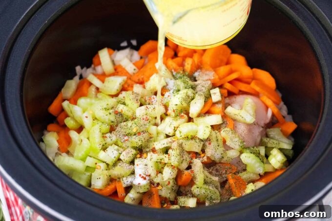 Adding crockpot chicken noodle soup ingredients to the slow cooker.