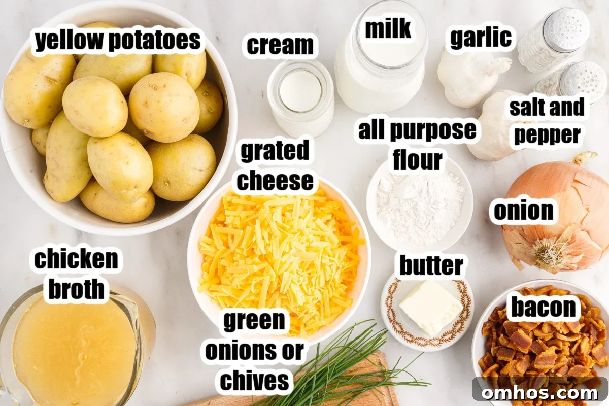 Ingredients needed to make bacon cheddar potato soup with text labels.