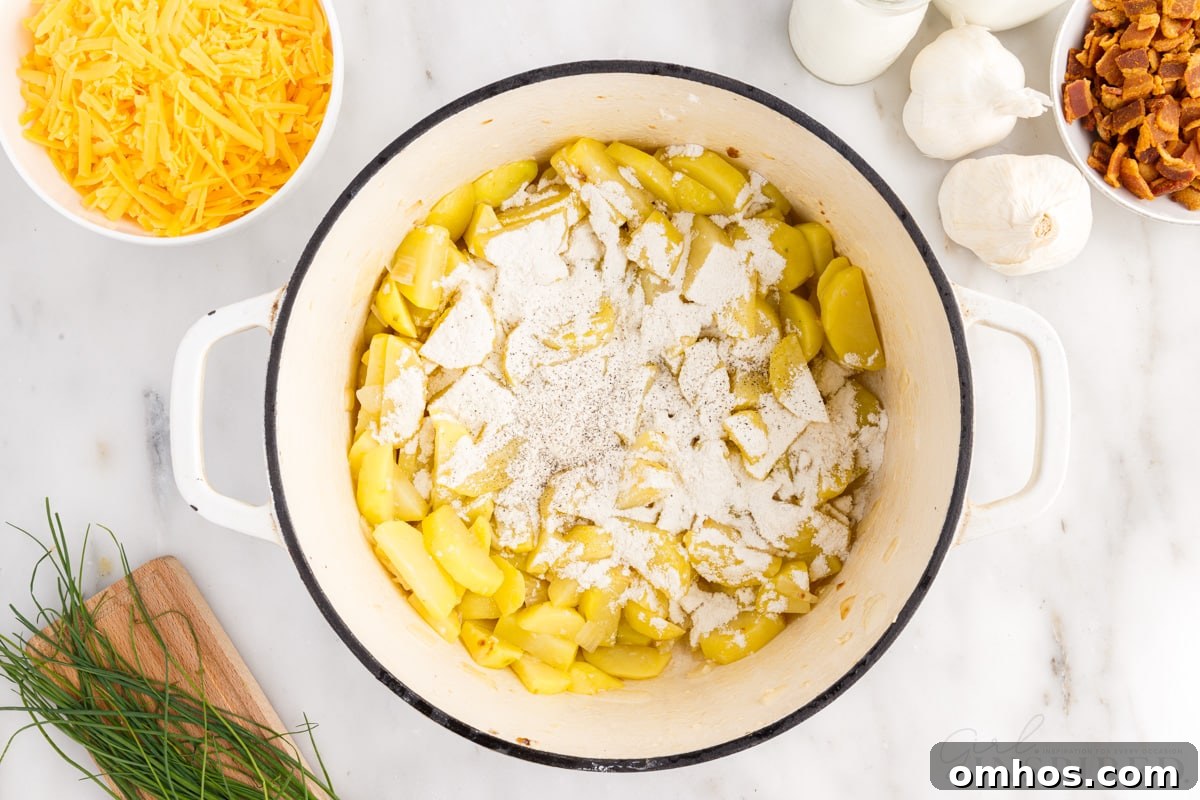 flour added to potatoes in dutch oven