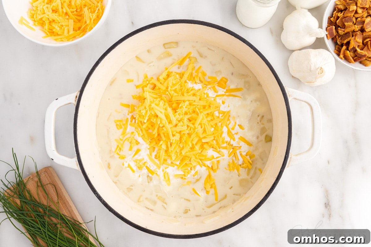 cheddar cheese added to soup mixture