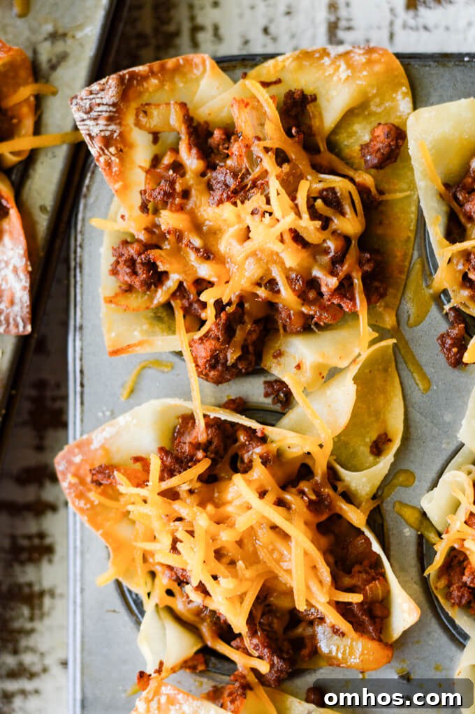 A close-up view of a mini muffin tin is filled with cooked taco wontons and shredded cheese sprinkled on top.