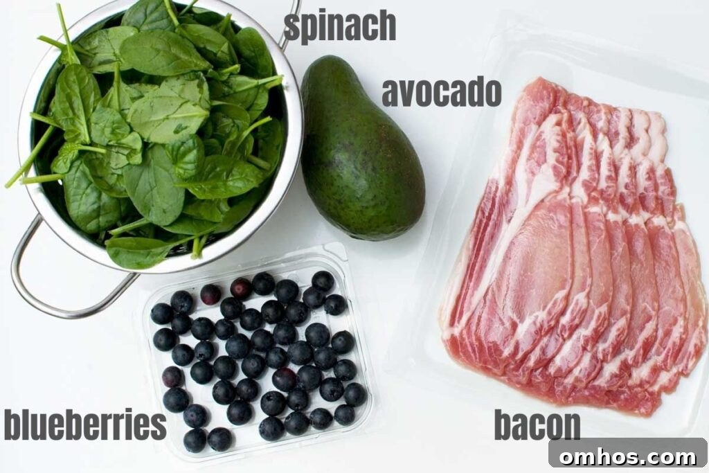 Blueberry Spinach Salad with Bacon and Avocado 2 The 4 ingredients to make a spinach avocado salad with bacon and blueberries
