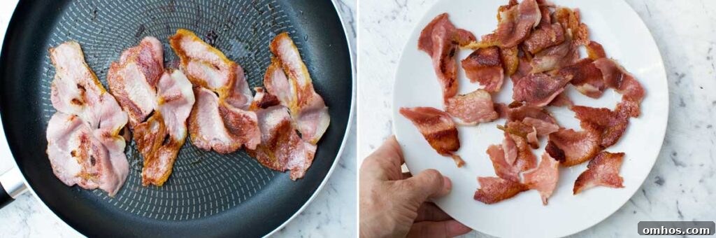 Blueberry Spinach Salad with Bacon and Avocado 5 Cooked bacon in a pan and then ripped up on a plate