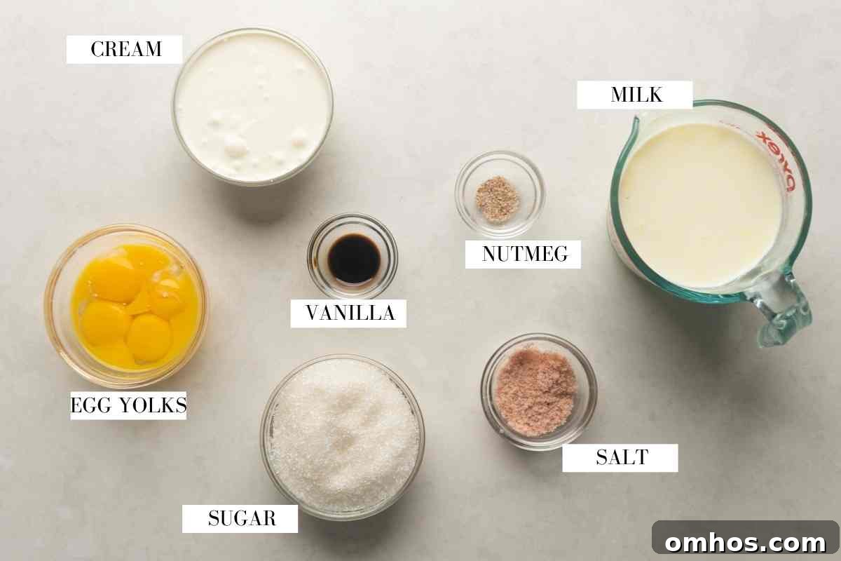 Picture of all the ingredients required for eggnog with text to indentify them