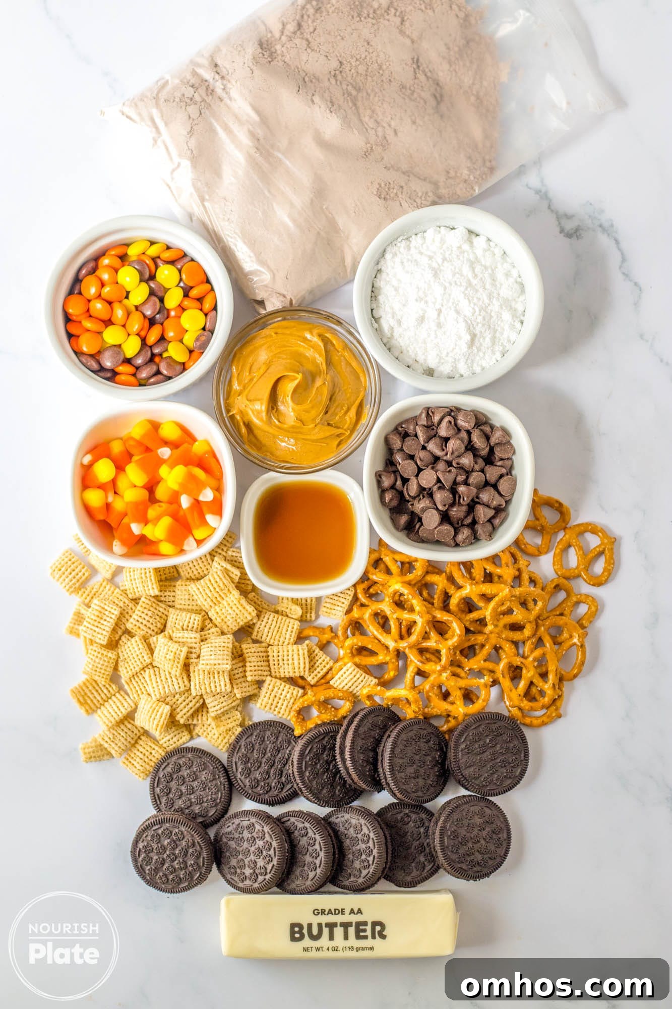 Ingredients needed to make fall puppy chow mix