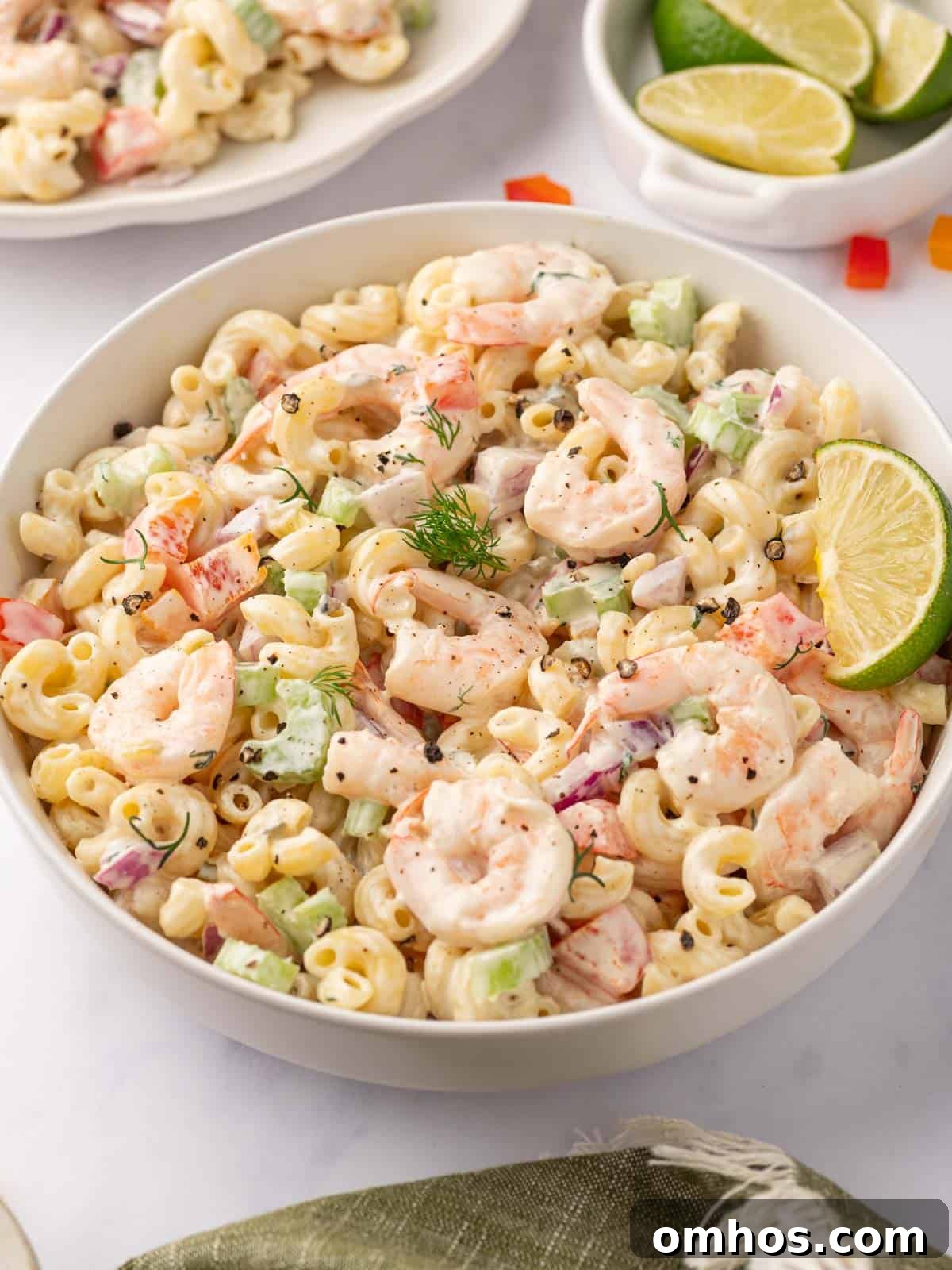 Shrimp Macaroni salad in a bowl.