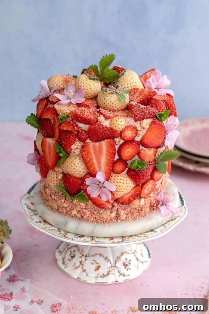 Strawberry cake on a cake stand