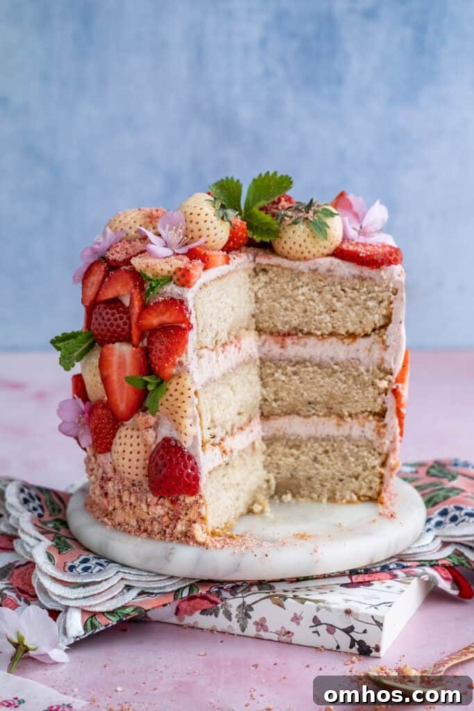 Strawberry crunch cake with large slice cut out