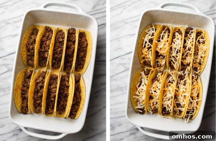 filling taco shells with ground beef and cheese