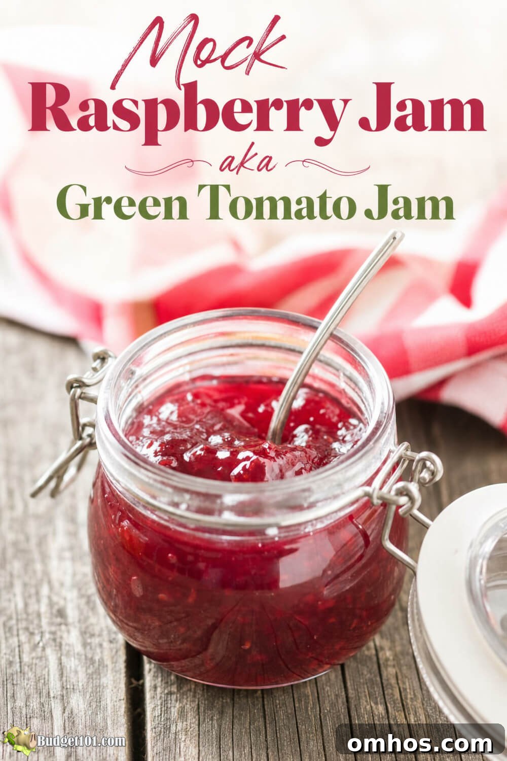 Finished mock raspberry jam made with green tomatoes, with text reading “Mock Raspberry Jam aka Green Tomato Jam”